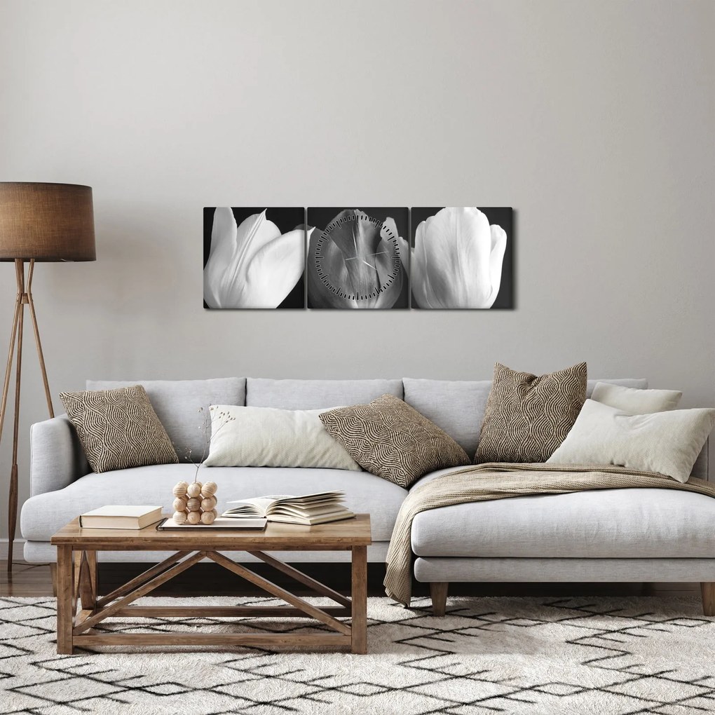 Obraz - Czarno - białe kwiaty tulipanów (z zegarem) (90x30 cm)