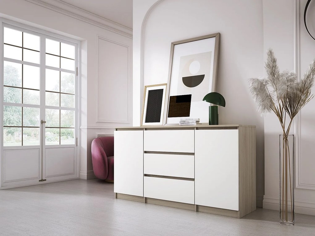 Komoda: Dąb Sonoma / Biały Mat, 140 x 78 x 39 cm, 3 szuflady, 2 drzwi