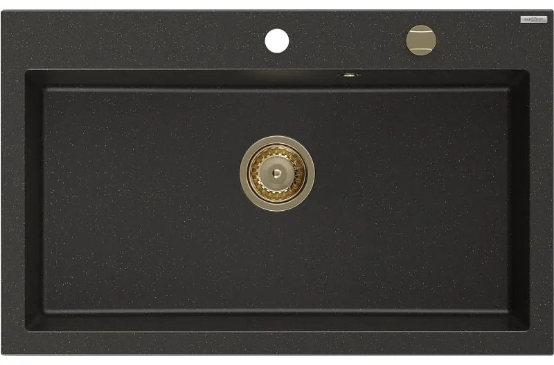 Mexen Elix zlewozmywak granitowy 1-komorowy 800 x 500 mm, czarny/złoty metalik, syfon złoty - 6527801005-75-G
