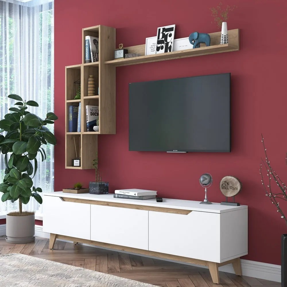 Biały zestaw pod TV w dekorze orzecha 180x49 cm Linh – Kalune Design