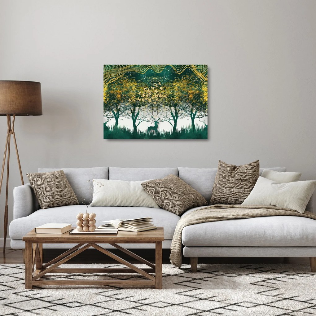 Obraz na szkle - Jelenie w zielonym lesie (70x50 cm)