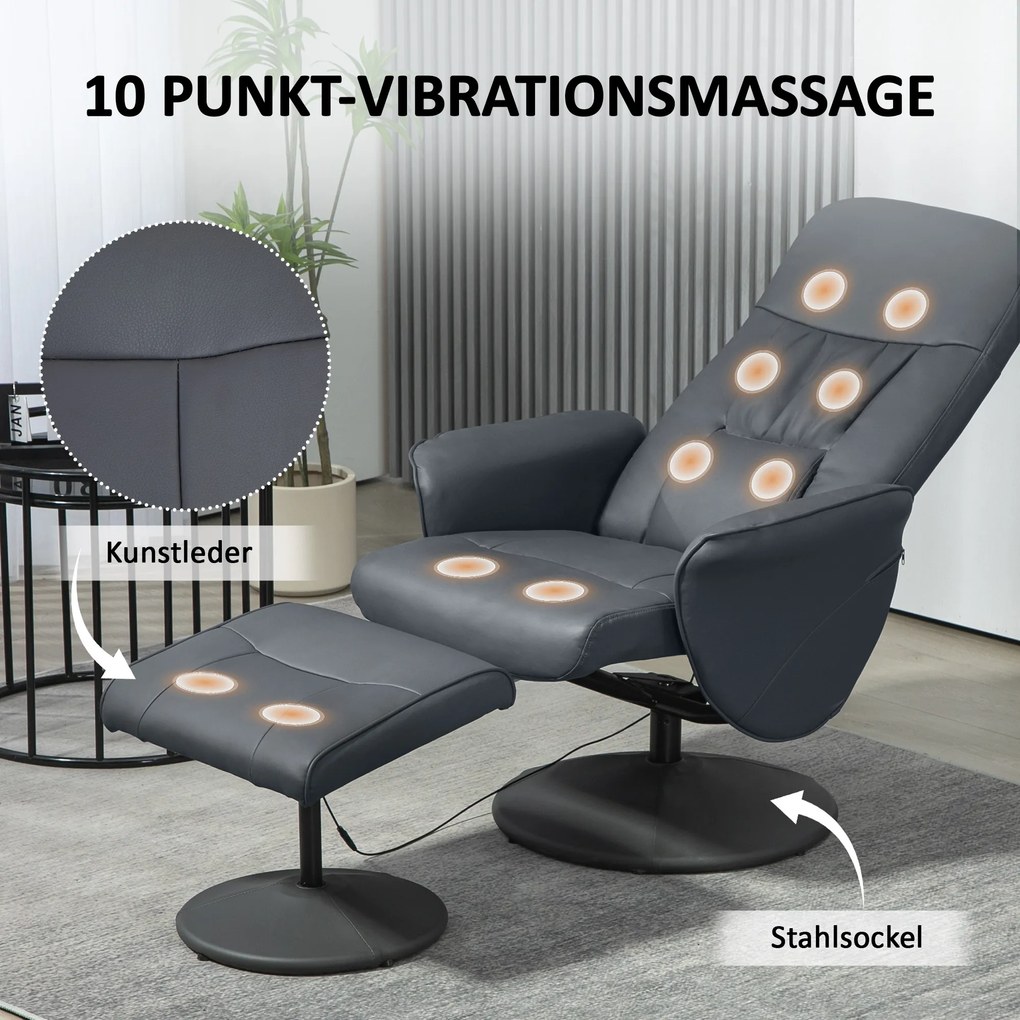HOMCOM Fotel Masujący z Podnóżkiem, Ergonomiczne Krzesło z 10 Punktami Wibracji, Skóra Ekologiczna, 76 x 81 x 105 cm, Ciemnoszary