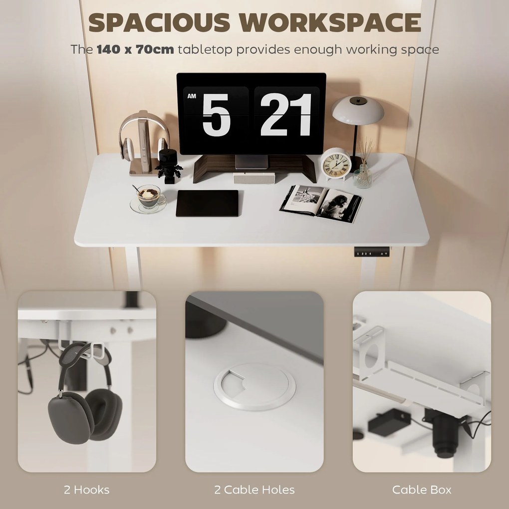 Vinsetto Biurko Stojące Regulowane Elektrycznie, 140 x 70 x 116 cm, Białe