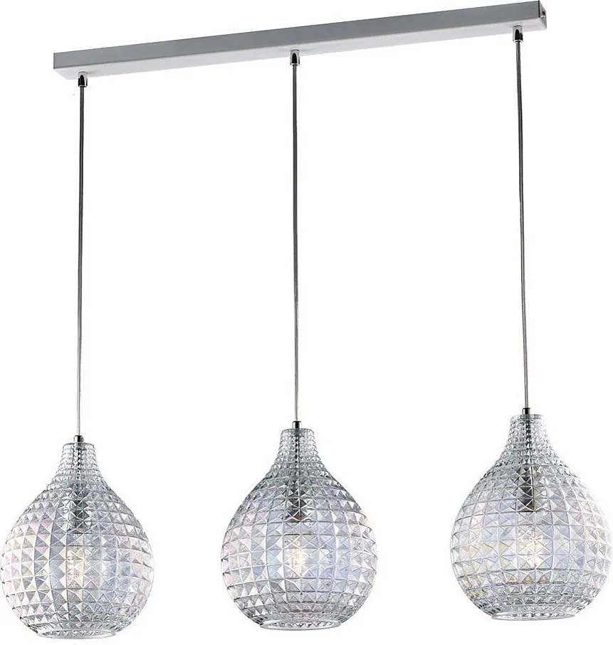 Szyna Diamante Track z białego żelaza i chromowanej ramy, regulowane kable, przezroczyste klosze z dmuchanego szkła z efektem kryształu, 3 światła
