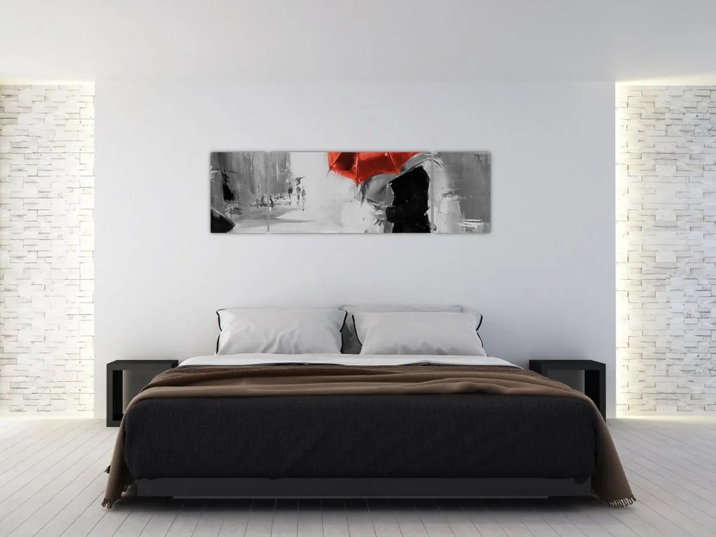 Obraz - Zakochana para pod parasolem, czerwony (170x50 cm)