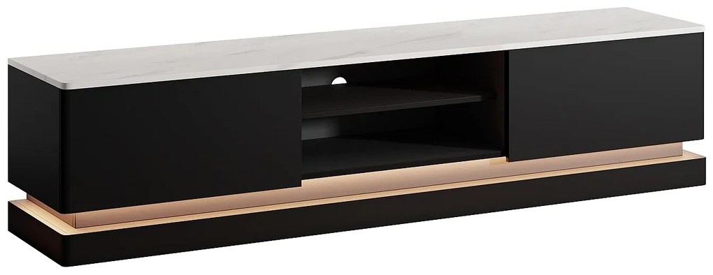 Szafka RTV z 2 szufladami i 2 wnękami z oświetleniem LED – Czarna i imitacja białego marmuru – DEVIKA marki Pascal Morabito