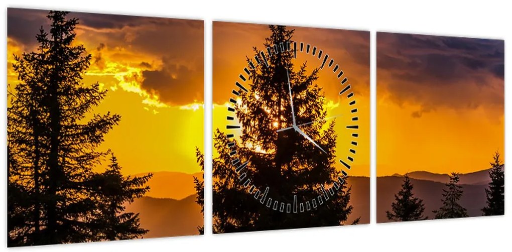 Obraz - drzewa iglaste (z zegarem) (90x30 cm)