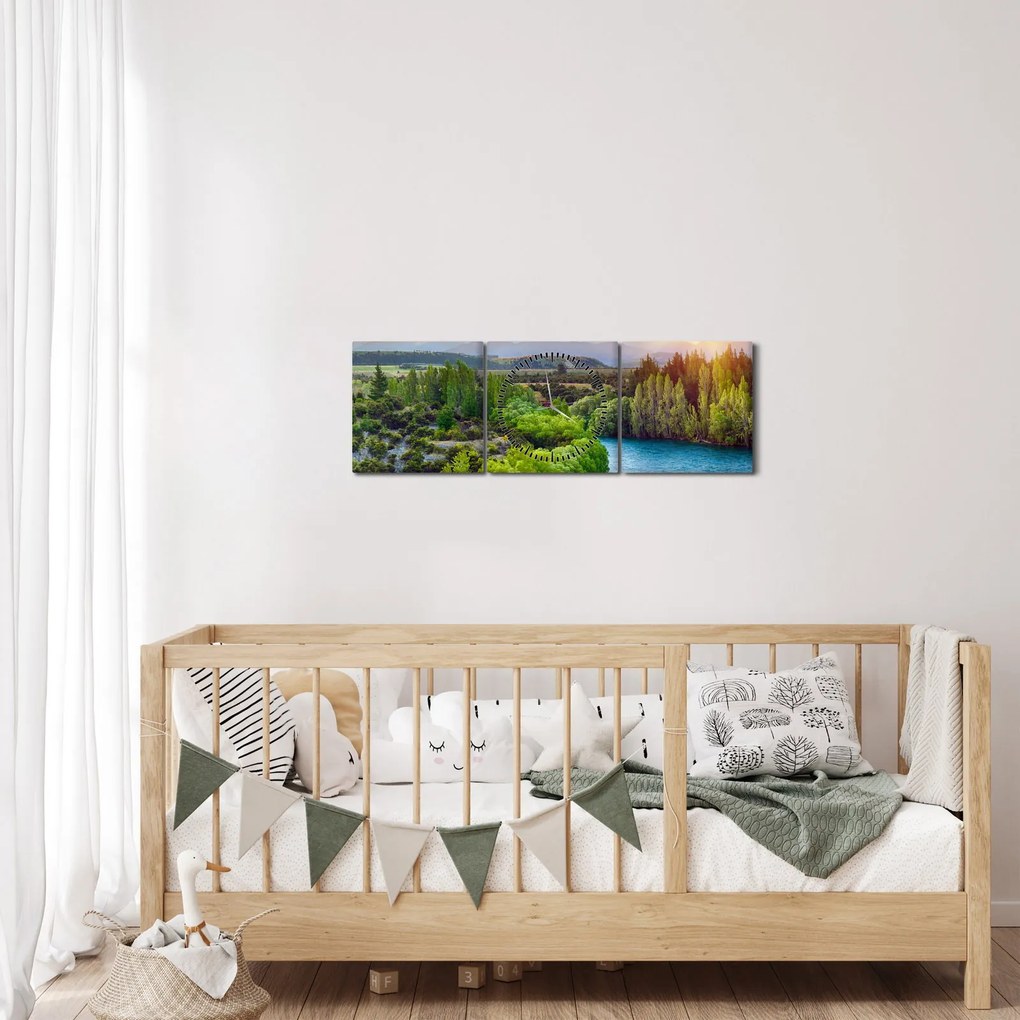 Obraz - Leśny krajobraz górski (z zegarem) (90x30 cm)