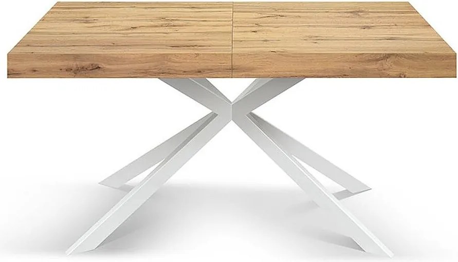 Stół drewniany, wykończenie dębowe, podstawa w kształcie litery X z białego metalu, 180×90–260×90 - CAMAIORE