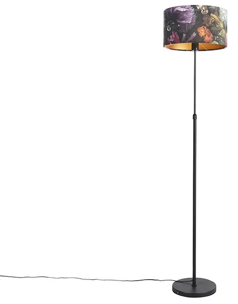 Lampa stojąca czarna z abażurem z aksamitu w kwiaty 35 cm - Parte klasyczny/Antyczny Oswietlenie wewnetrzne