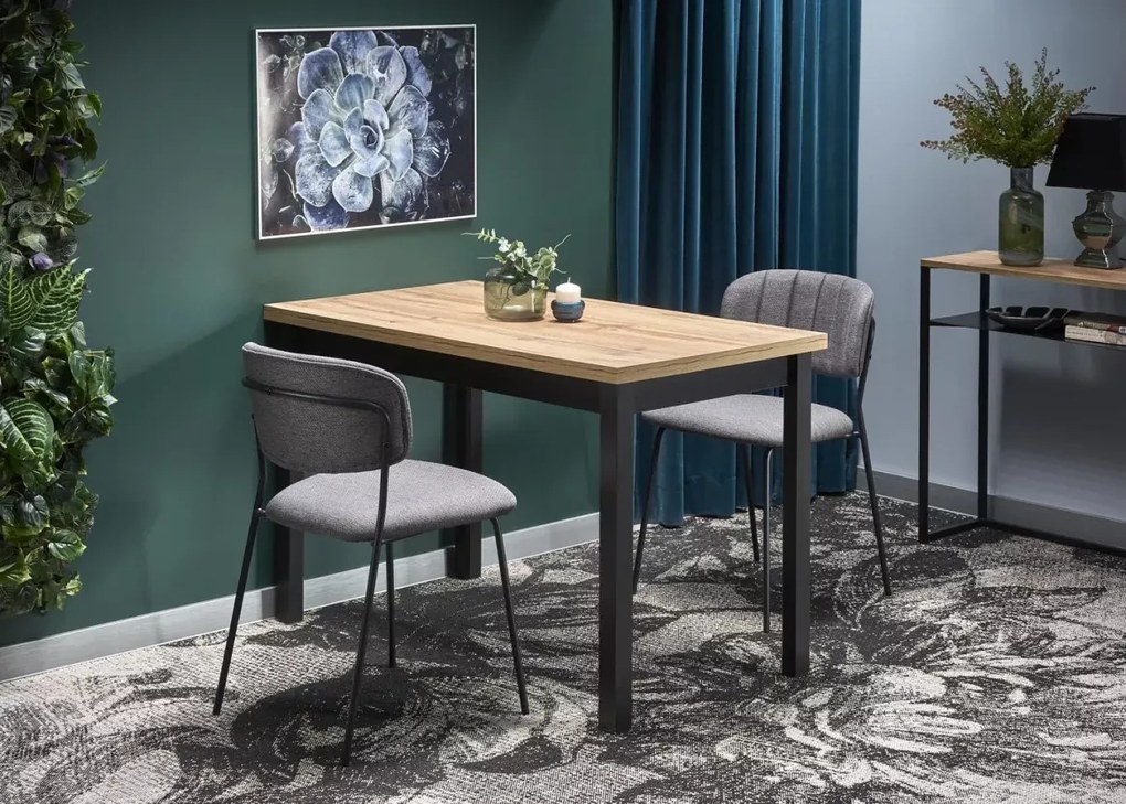 Nowoczesny stół Dendy 120x68 cm prostokątny z blatem z płyty laminowanej w odcieniu dąb wotan i metalowymi czarnymi nogami