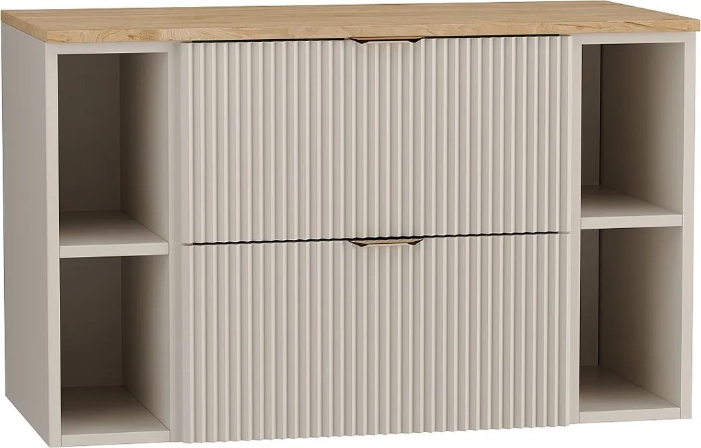 Kaszmirowy Zestaw Łazienkowy 100cm Szafka Blat Orzech Regały Ryflowane Fronty