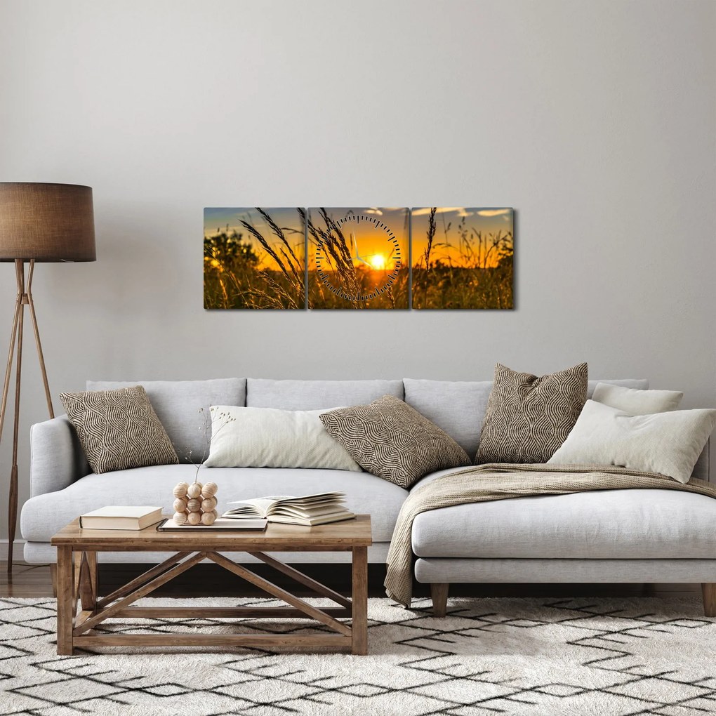 Obraz pola o zachodzie słońca (z zegarem) (90x30 cm)