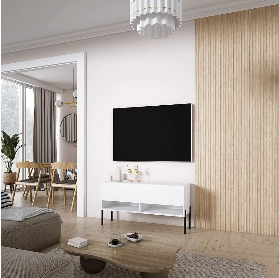 Szafka pod telewizor 100 cm Biały Mat, nóżki proste czarne, 100 × 32 × 52 cm