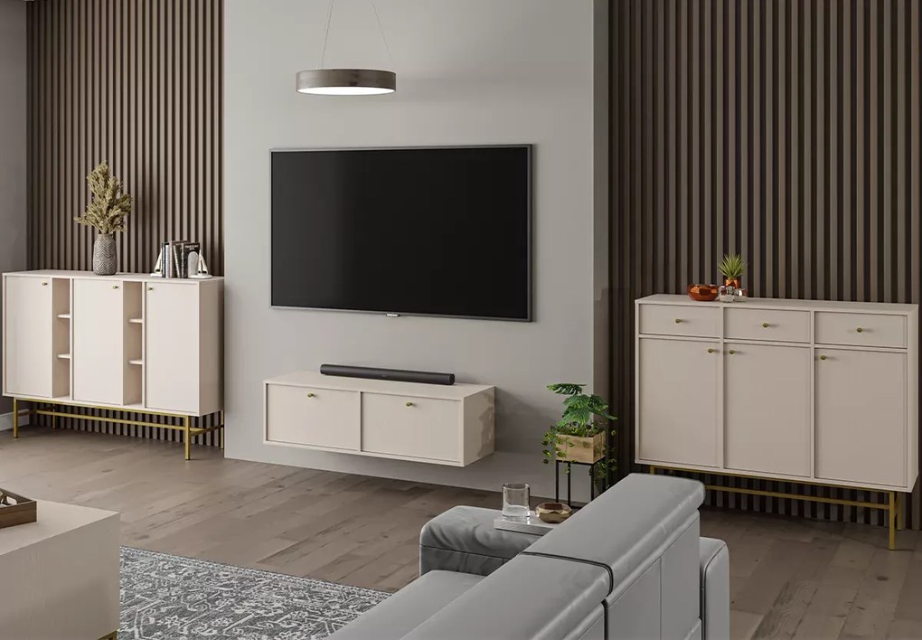 Wisząca szafka RTV Daily II 120 cm beż / czarna / eucaliptus – nowoczesna szafka pod telewizor z dwoma frontami