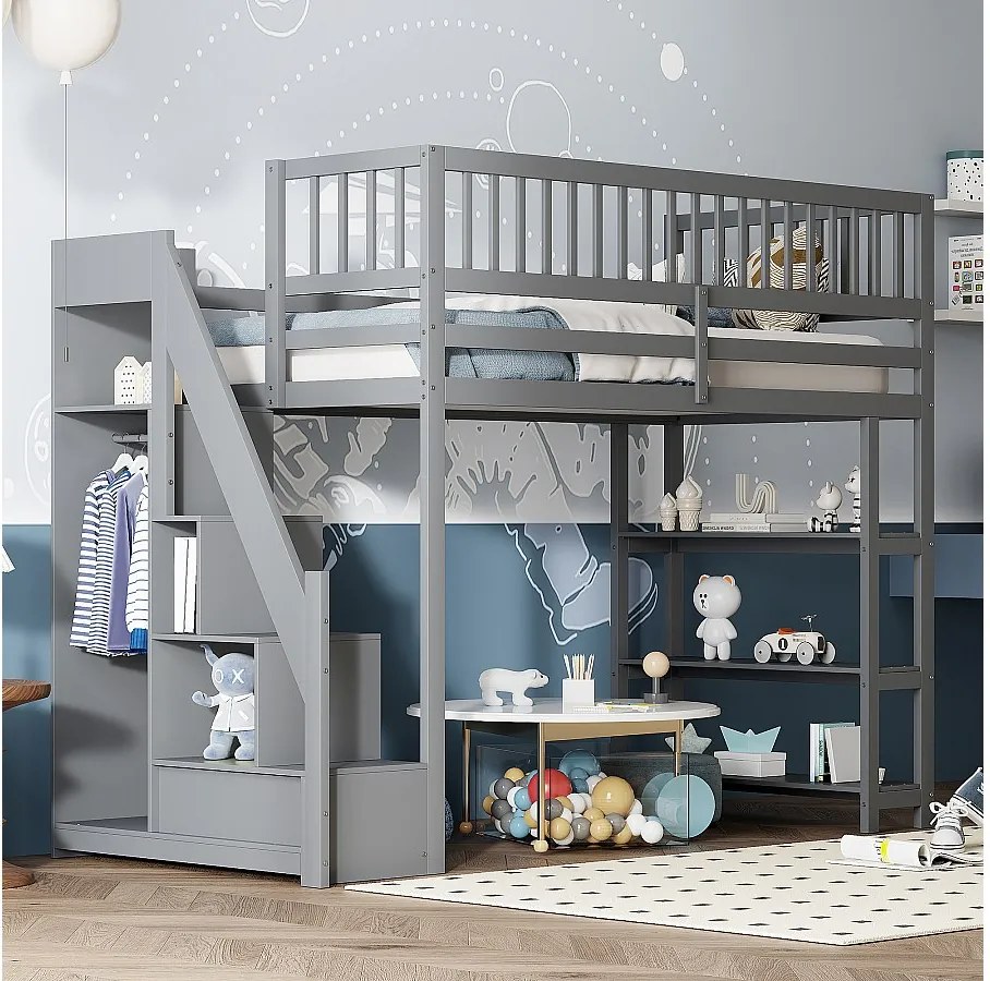 Łóżko piętrowe 90 x 200 cm z szafą, półkami i schowkiem - Drewno sosnowe + sklejka + MDF - szare