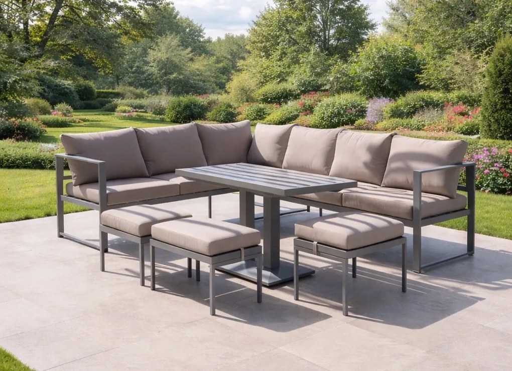 Narożnik ogrodowy Bellagio 003 z pufami i stołem, szary, poduszki beżowe