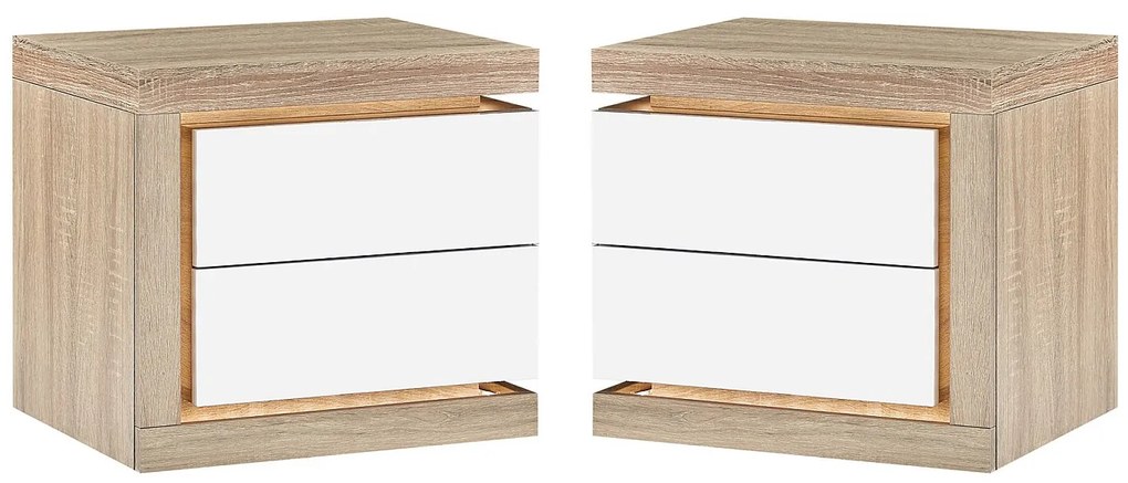 Zestaw 2 szafek nocnych z 2 szufladami - Z oświetleniem LED - Biały lakierowany i naturalny - FLARANCIA