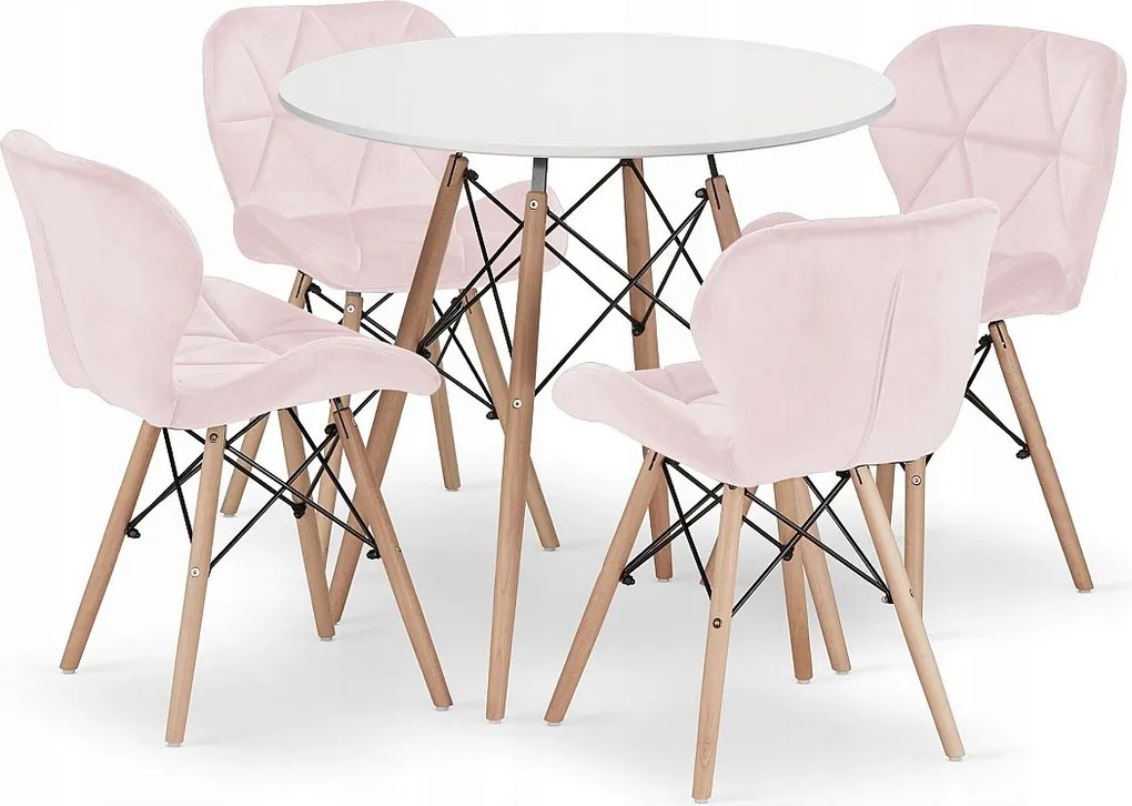 Zestaw obiadowy Valora | Okrągły stół KOVA 80 cm, biały + 4 różowe krzesła WAKO