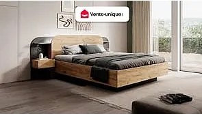 Łóżko z szafkami nocnymi 160 x 200 cm - Z oświetleniem LED - Naturalny i czarny - JUVISIA