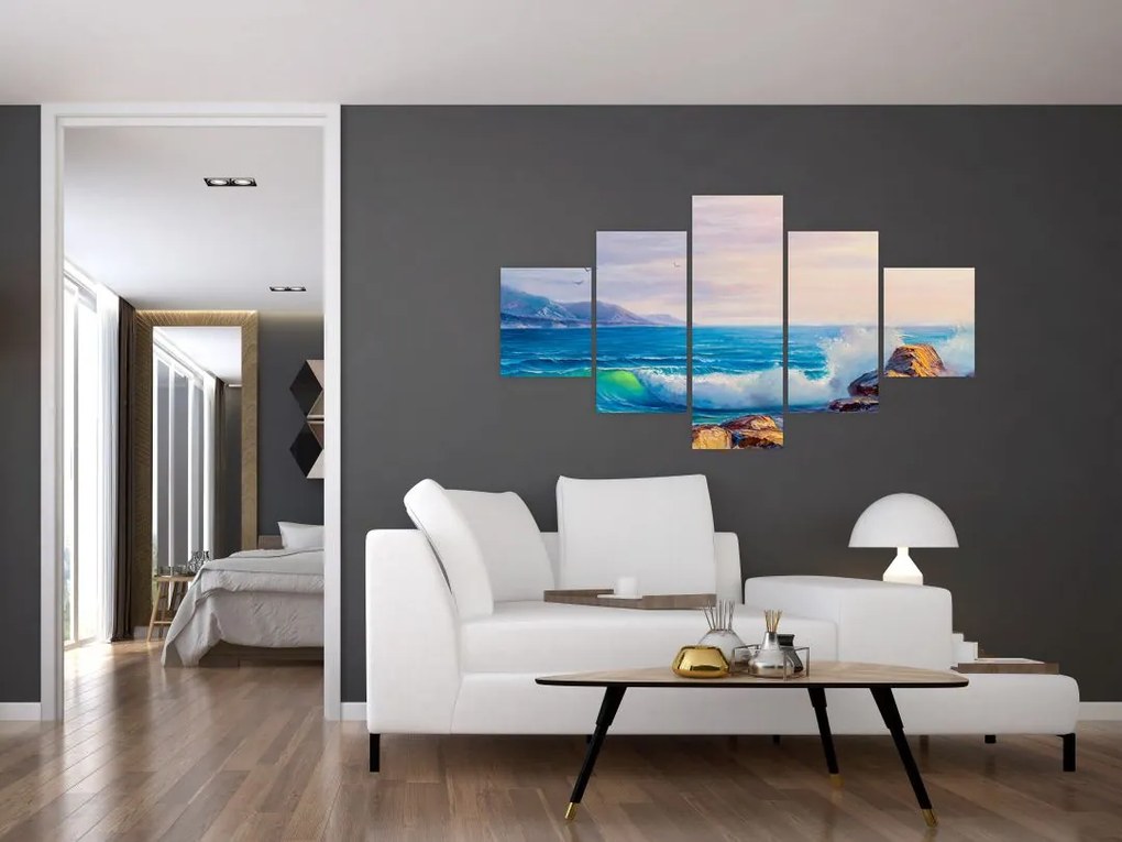 Obraz fal uderzających w klify, obraz olejny (125x70 cm)