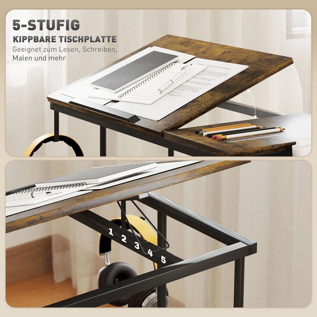 HOMCOM Stojące biurko z regulowaną wysokością i nachyleniem blatu, kółkami, półką, do pisania, czytania, rysowania, Rustykalny Brąz