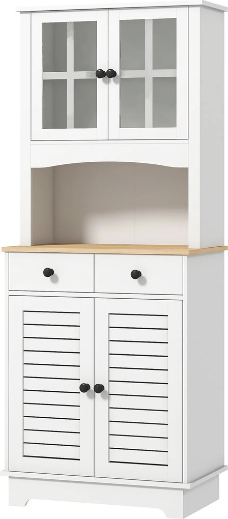 HOMCOM Kuchenna szafka z drzwiami szklanymi, 2 szuflady, szafka na naczynia, szafka do jadalni, drewno, 68 x 39,5 x 170 cm, biały
