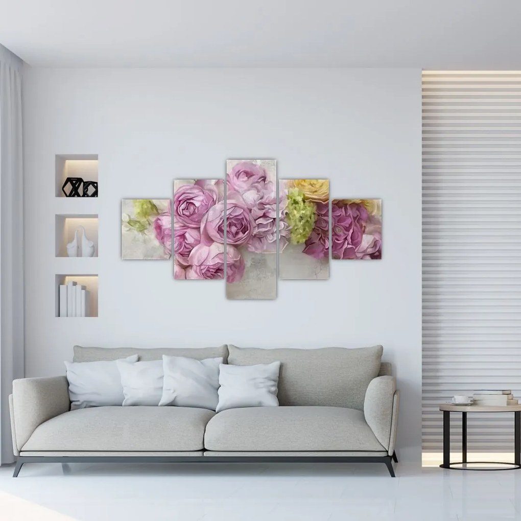 Obraz - Kwiaty na ścianie w pastelowych kolorach (125x70 cm)