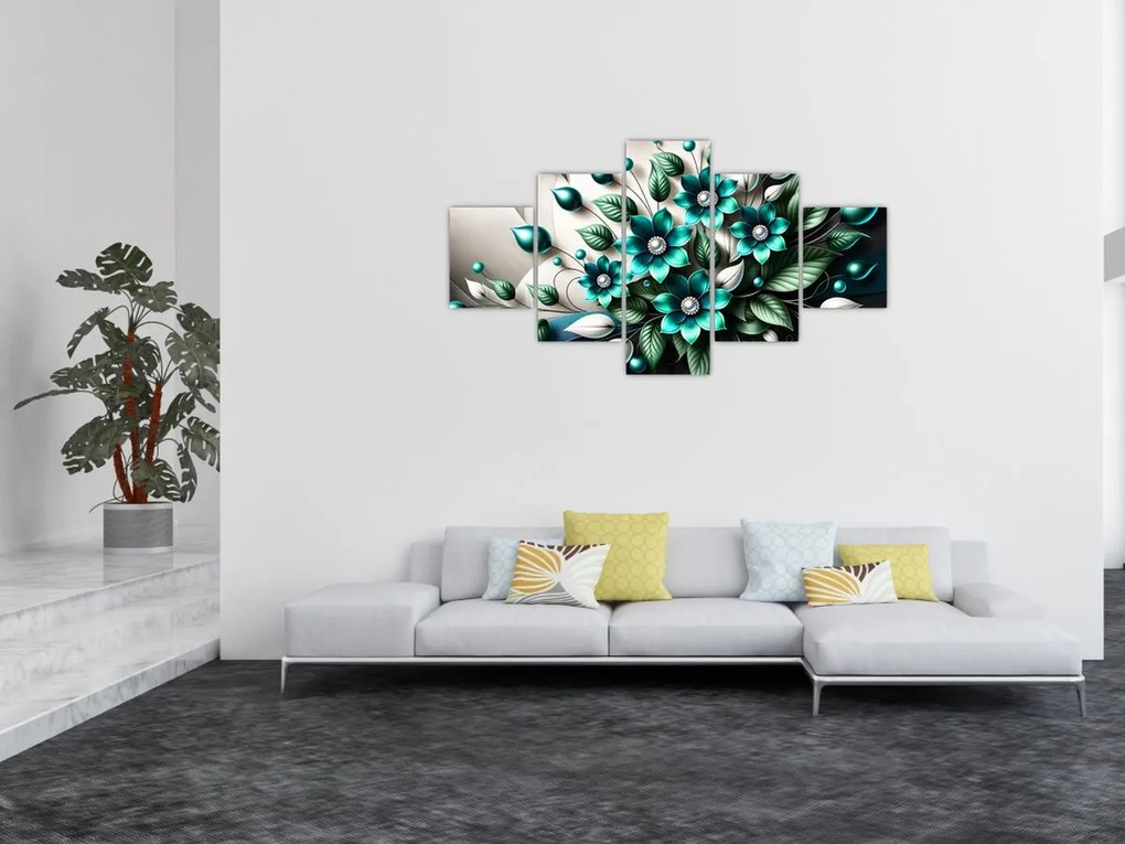 Obraz - 3D turkusowe kwiaty (125x70 cm)