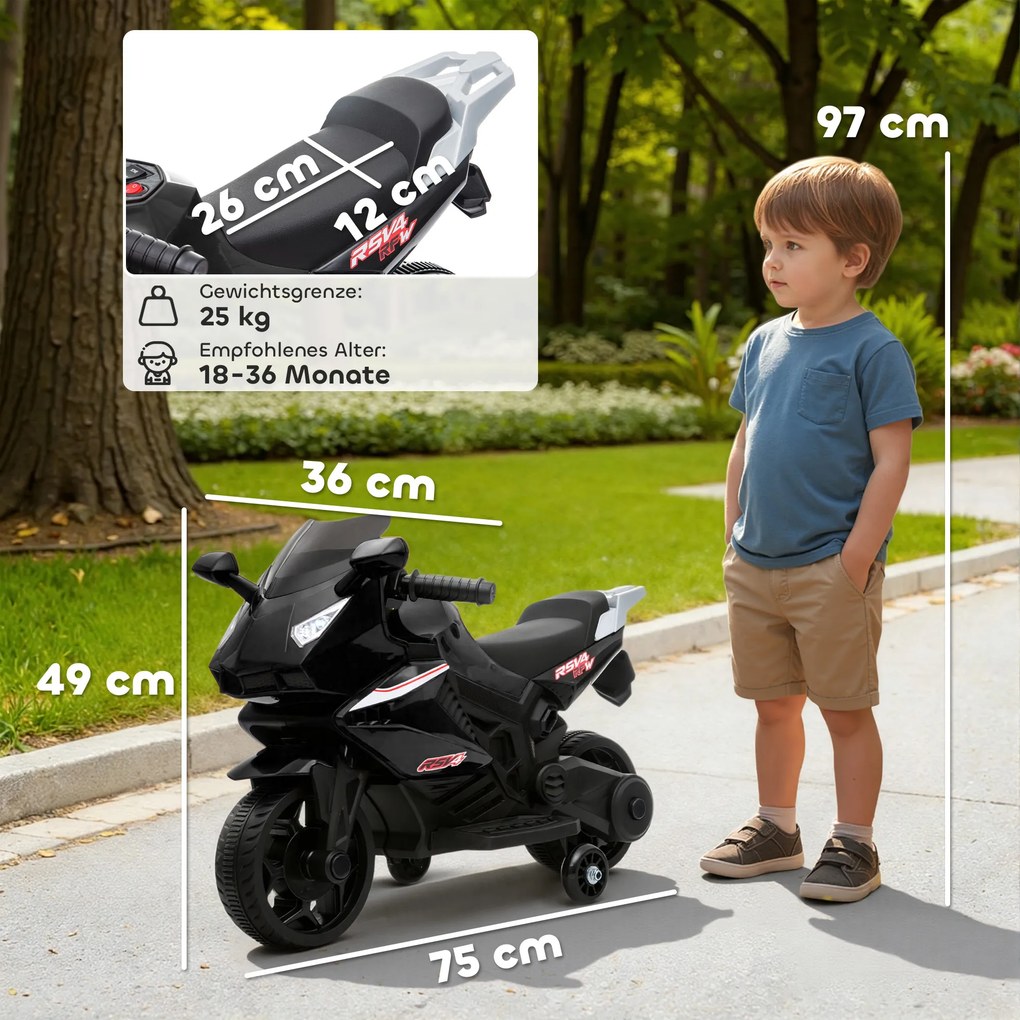 AIYAPLAY elektryczny motocykl dla dzieci, klakson, reflektory, funkcja muzyczna, 2,5 km/h, czarny