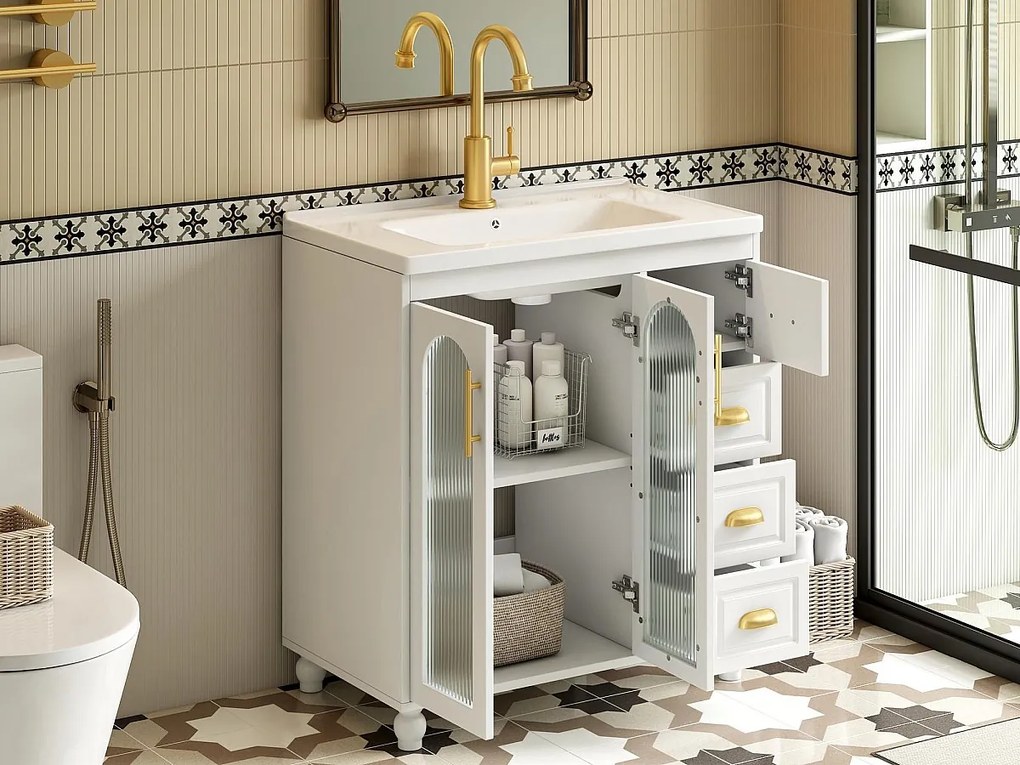 Meble łazienkowe z ceramiczną umywalką - 2 drzwi i 4 szuflady - biały (kran nie jest dołączony)