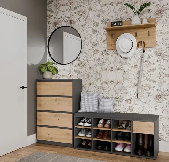 Nowoczesna szafka na buty z siedziskiem antracyt + dąb artisan C1-M11