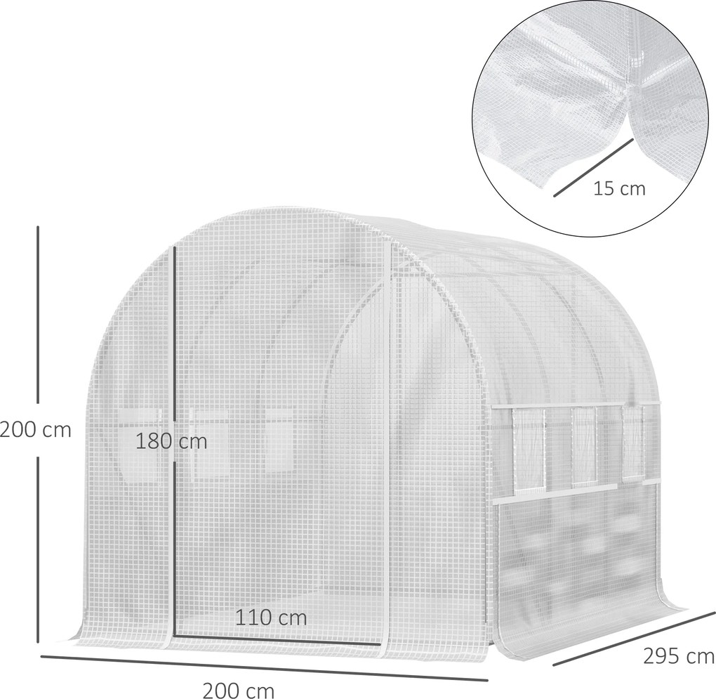 Outsunny Szklarnia Foliowa z 6 Zwijanymi Oknami i Drzwiami na Zamek Błyskawiczny Rama z Ocynkowanej Stali 295x2x2m Biały | Aosom PL