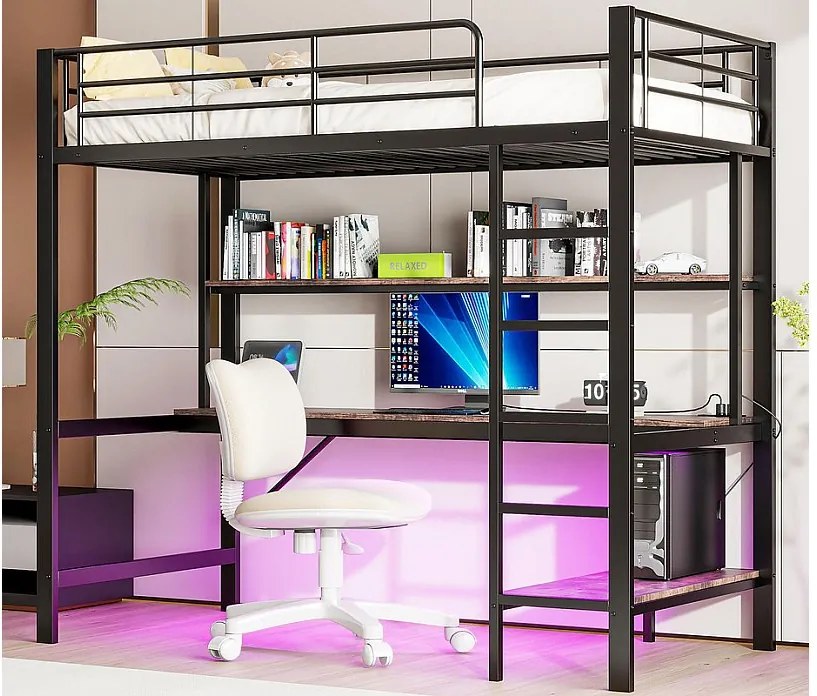 Łóżko mezzanine 90x200 cm - z barierkami - z drabiną - z USB i gniazdkami - z oświetleniem LED - z biurkiem + wielopoziomowymi półkami - czarne (bez materaca)