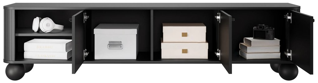 Szafka RTV Vesper 187 cm trzydrzwiowa - czarny / czarne uchwyty / nogi kule