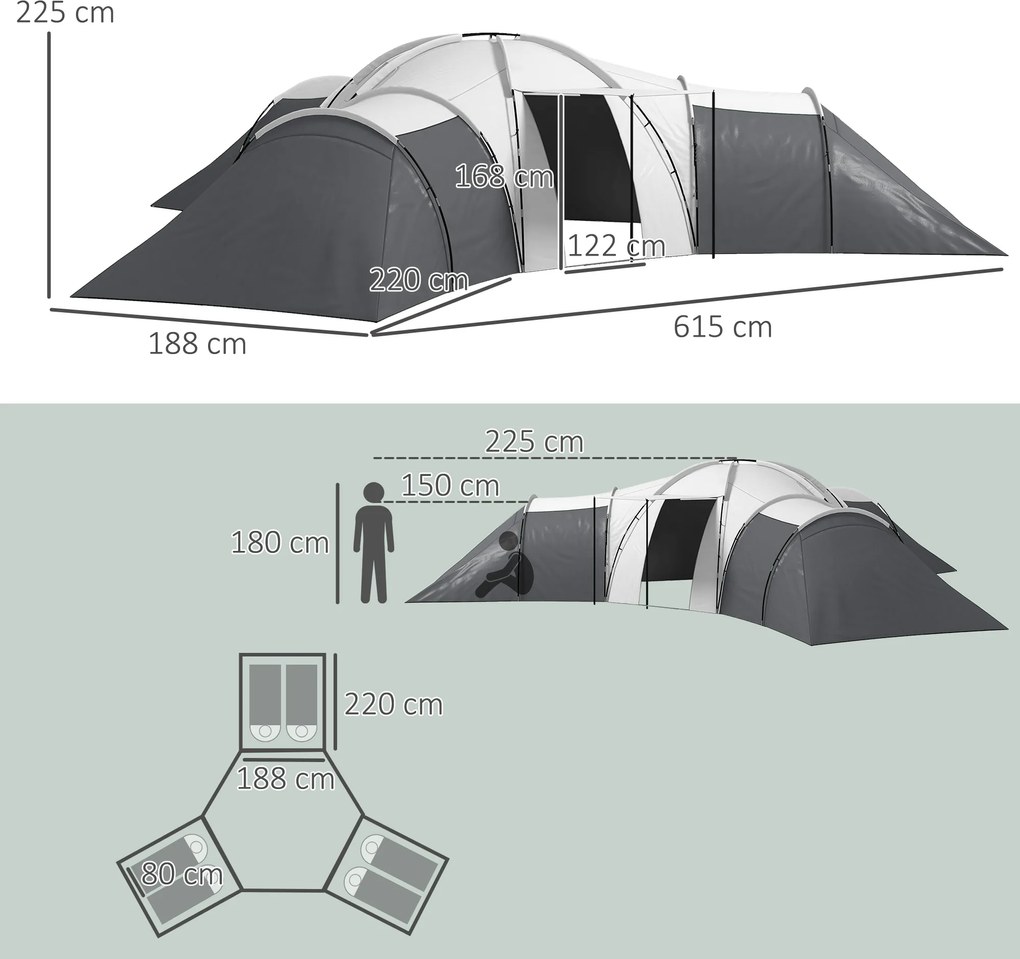 Outsunny Namiot Campingowy dla 6-9 Osób, 4 Pomieszczenia, Przedpokój, Wodoodporny, 615x 615x225cm, Szary