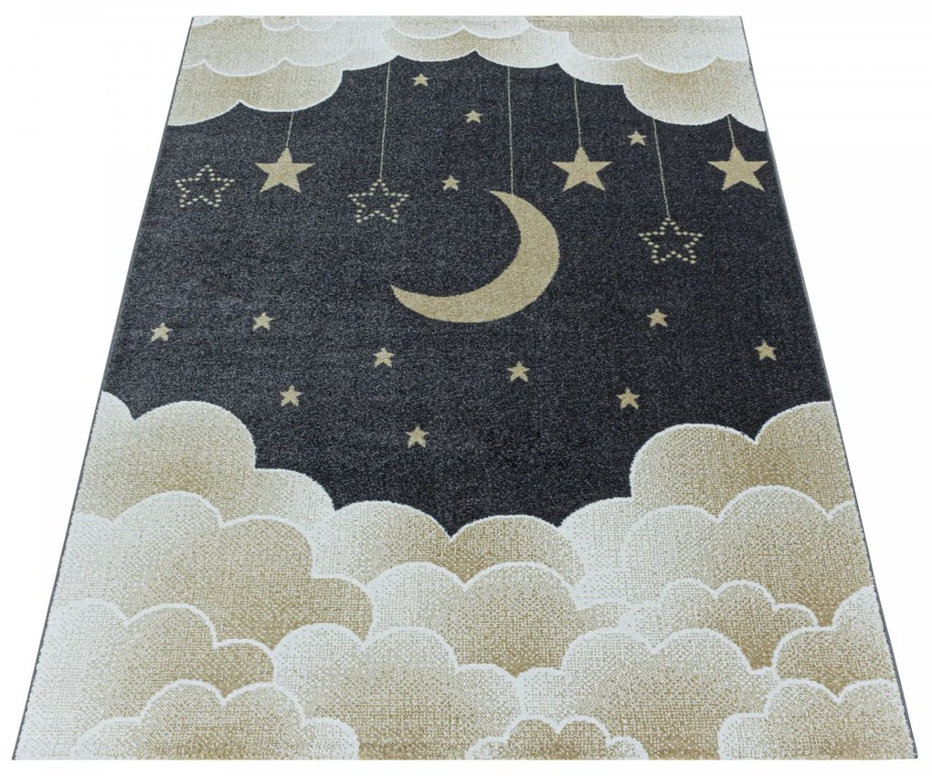 Dywan dziecięcy Funny księżyc nad chmurkami szaro-złoty 160 cm x 230 cm