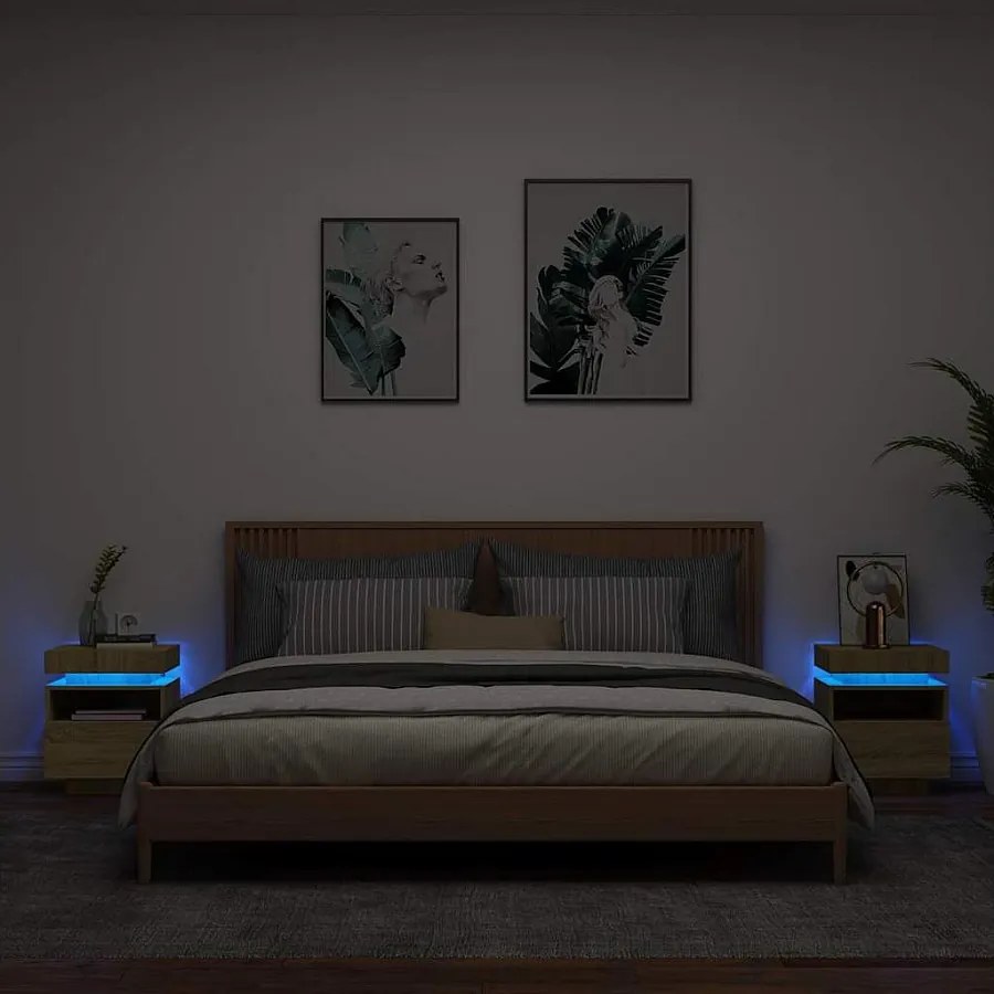 Zestaw 2 Szafek Nocnych Sonoma Dąb z LED RGB, USB, Drewno Inżynieryjne, Przechowywanie i Organiczny Design