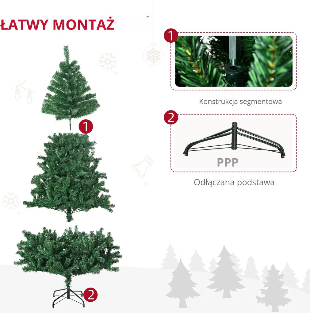 HOMCOM Sztuczna choinka, 630 gałęzi, 37 szyszek, końcówki pokryte śniegiem, niepalna, 180 cm | Aosom PL