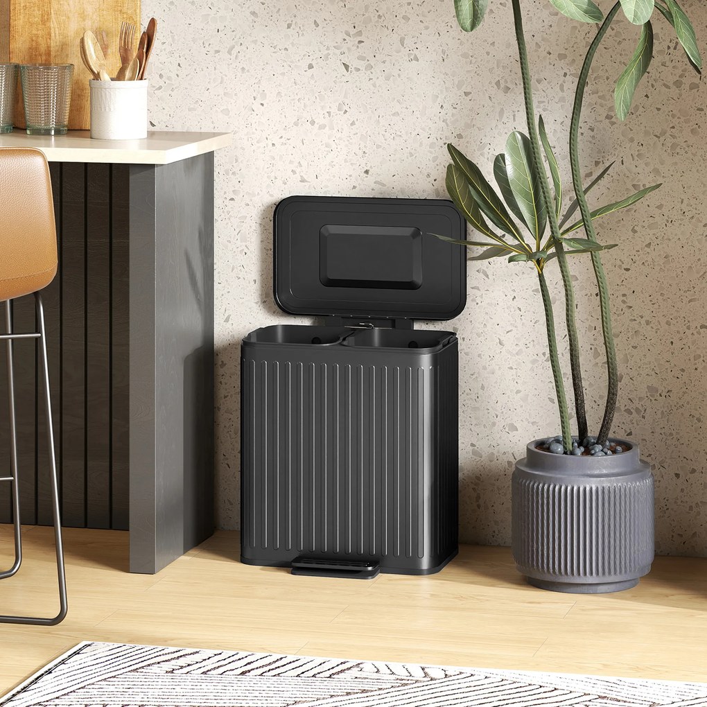 HOMCOM Kosz kuchenny, 2 x 20 L, efektywne sortowanie odpadów, pedałowy, tworzywo sztuczne, metal, czarny | Aosom PL
