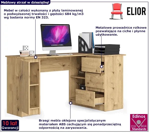 Narożne prawostronne biurko z szufladami dąb artisan Z4-R15
