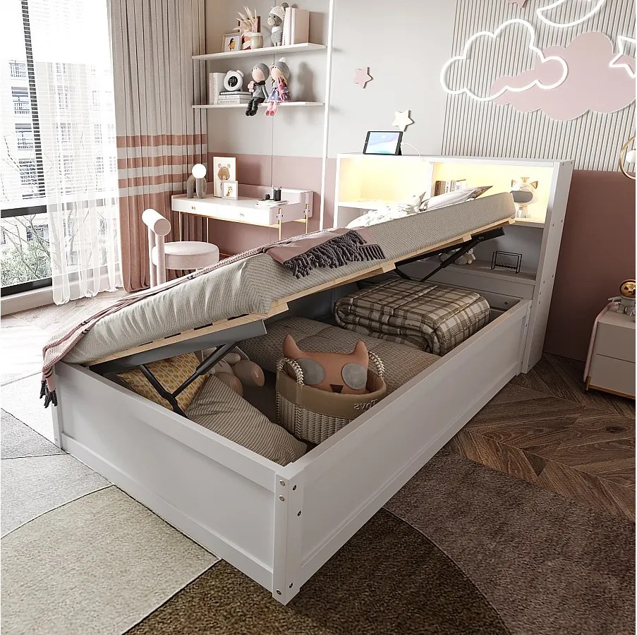 Łóżko dziecięce z pojemnikiem - 90 x 200 cm - z oświetleniem LED + zagłówek ze schowkiem - drewno + MDF - białe