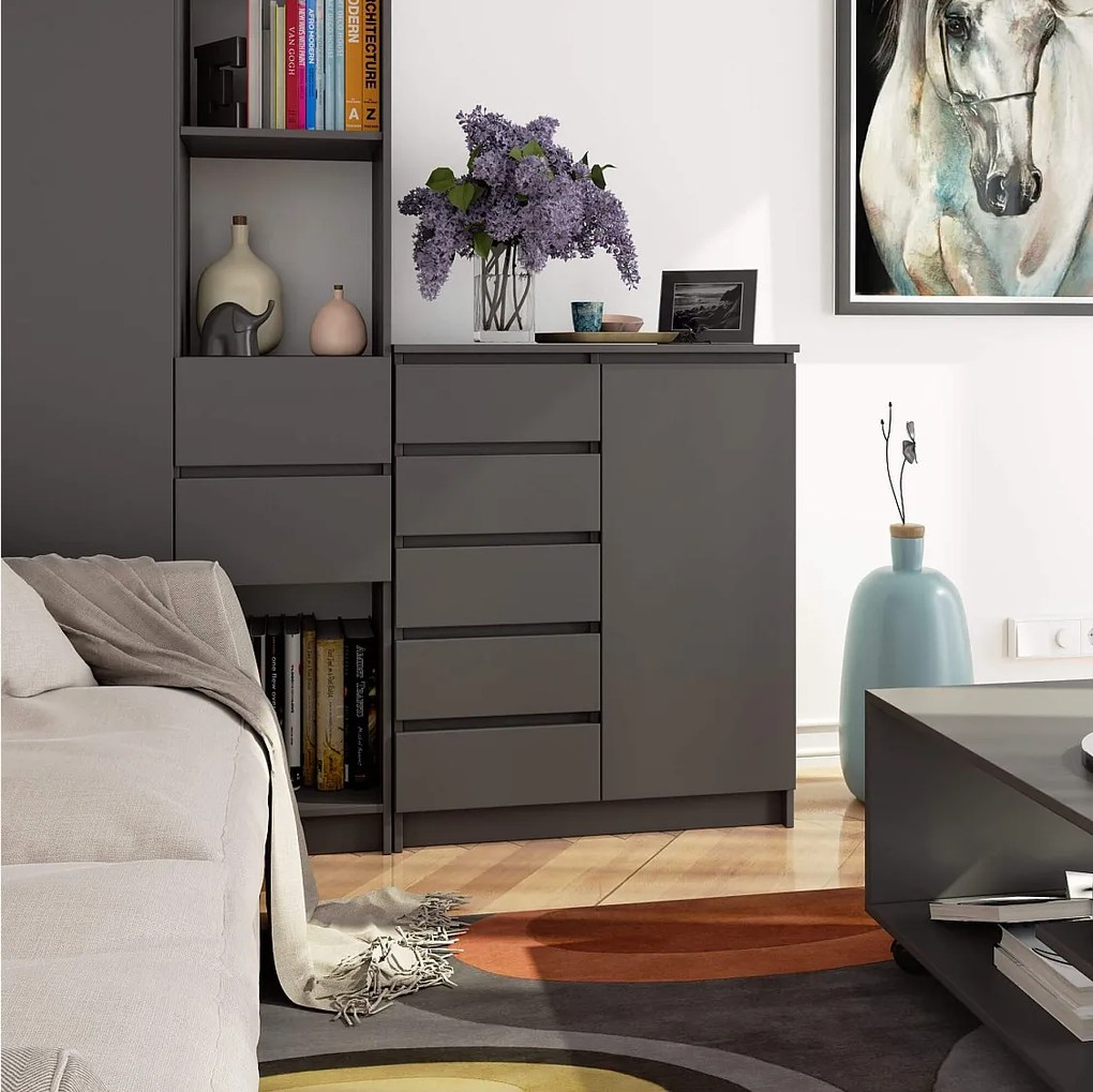 Komoda AKORD K80 Grafit Szary 80 cm 1 drzwi 5 szuflad kolor Grafit Szary mat 3 półki 80x35x97 cm