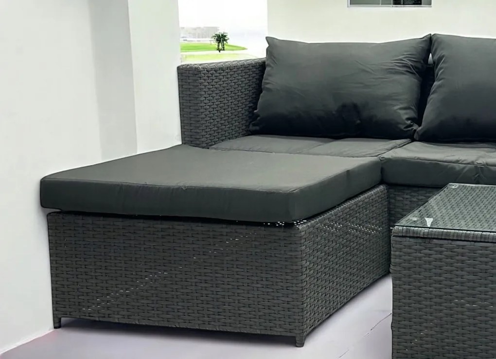 Dwustronny narożnik ogrodowy ze stolikiem Maroco 066 szary, poduszki szare