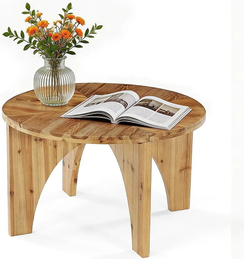 Okrągły stolik kawowy z litego drewna, 80 cm, stolik centralny w stylu rustykalnym z zakrzywionymi nogami
