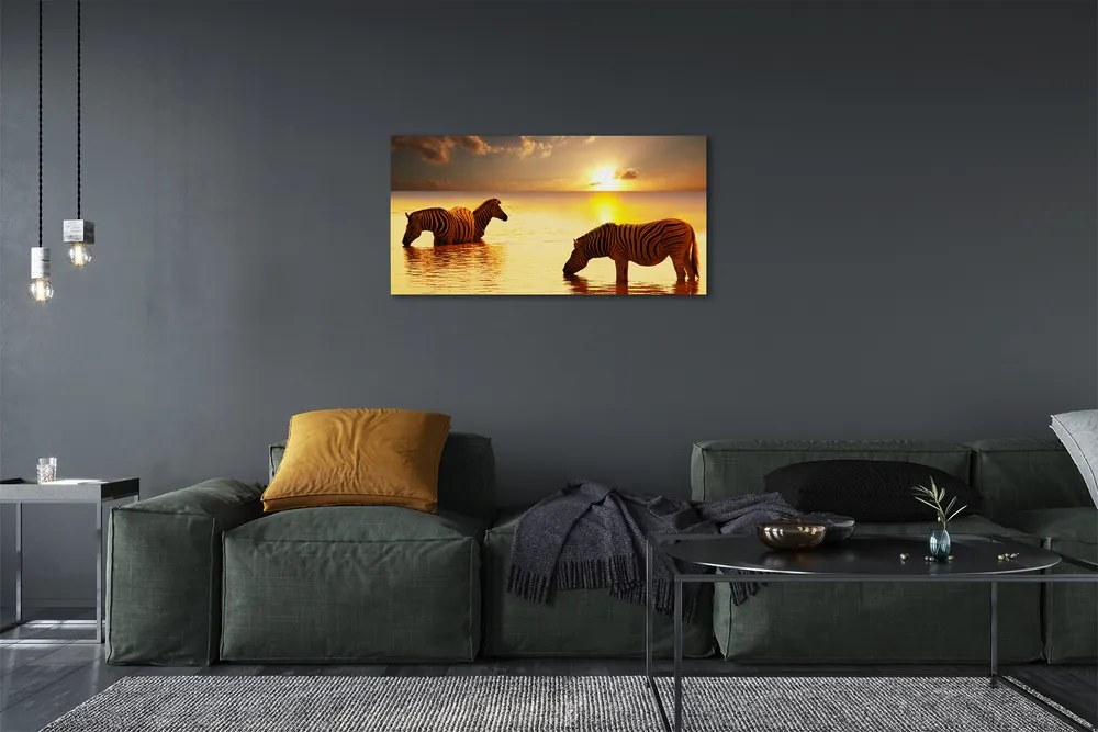 Obraz na płótnie Zebry w Wodzie o Zachodzie Słońca