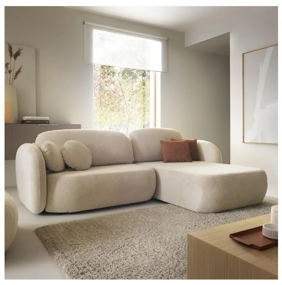 Narożna rozkładana sofa z pojemnikiem w kształcie L OLBIA, prawostronna, beżowa