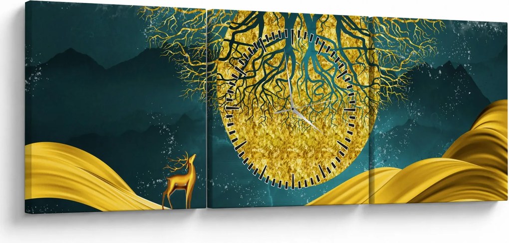 Obraz - Abstrakcja, złoty krajobraz (z zegarem) (90x30 cm)