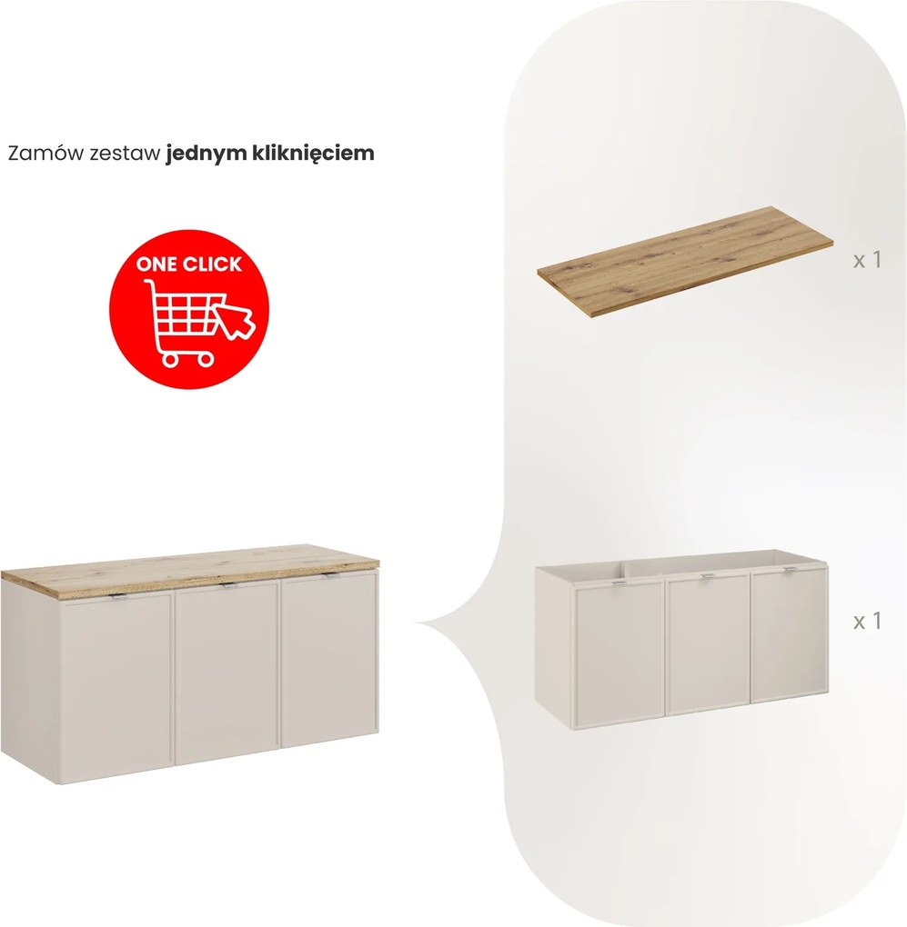 Trzydrzwiowa szafka łazienkowa Bella 120 cm z blatem, kaszmir/dąb artisan