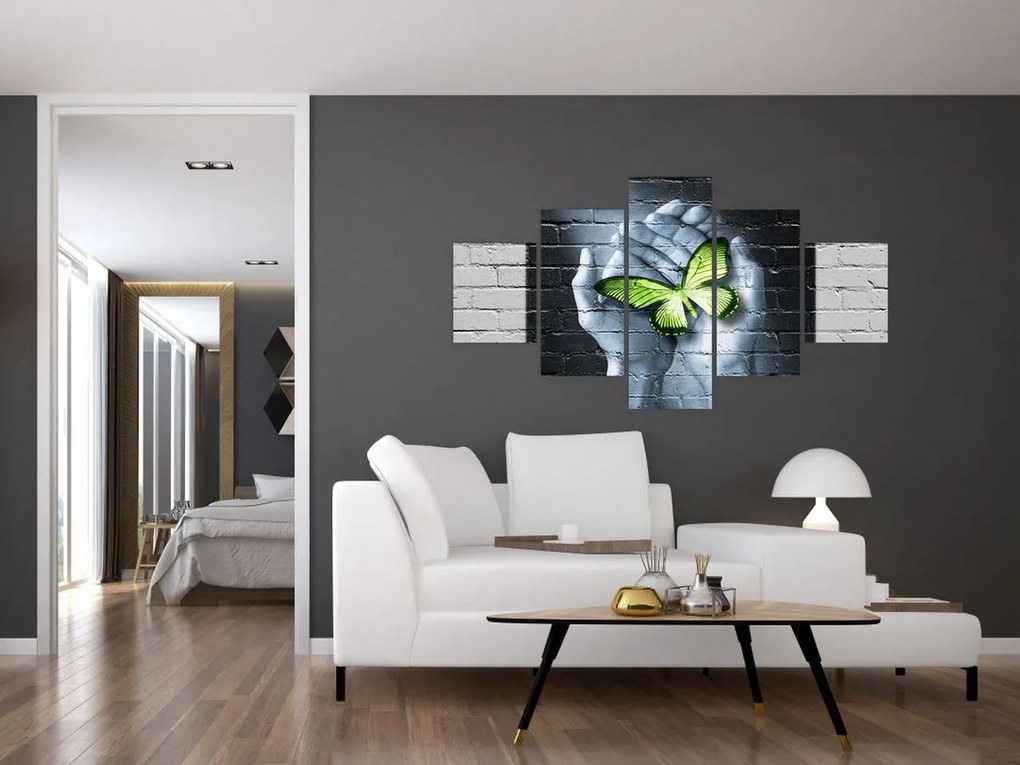 Obraz - Zielony motyl w ścianie (125x70 cm)